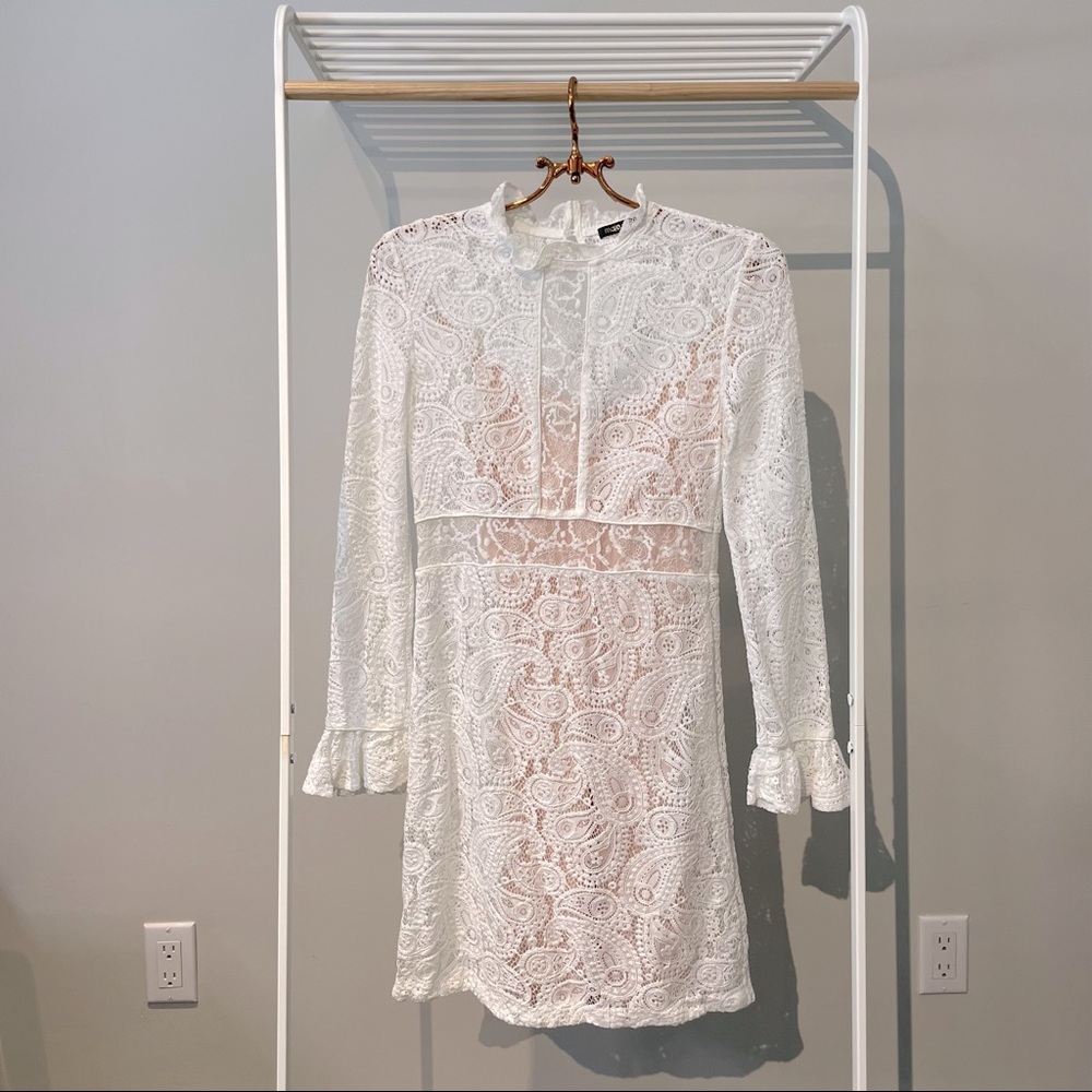 MAJE | Women's White Lace Long-sleeved Mini Dress, Size 36 / XS-S